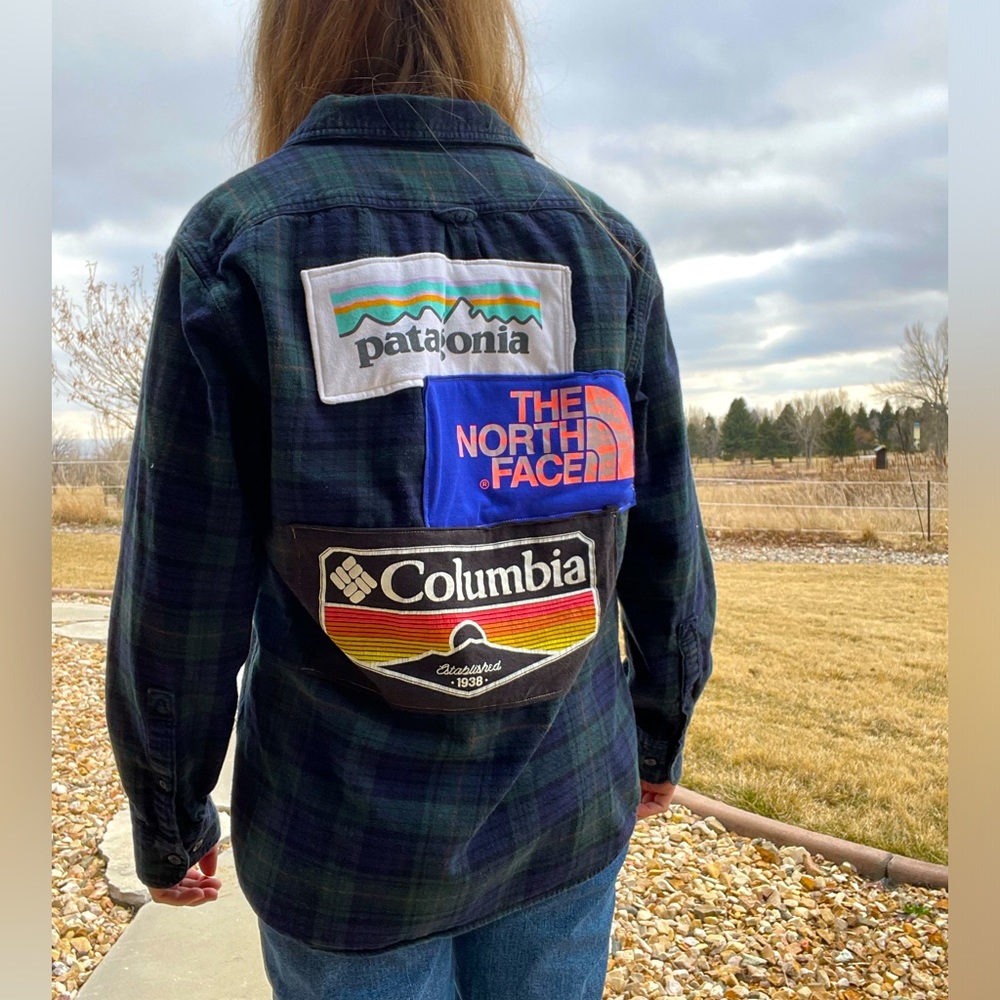 Eddie Bauer green outdoors patchwork cotton flannel upcycled granola girl